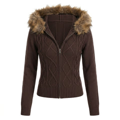 2000s Plush Cable Knit Zip-Up Cardigan – Faux Fur Hood Long Sleeve Sweater in Gray & Apricot