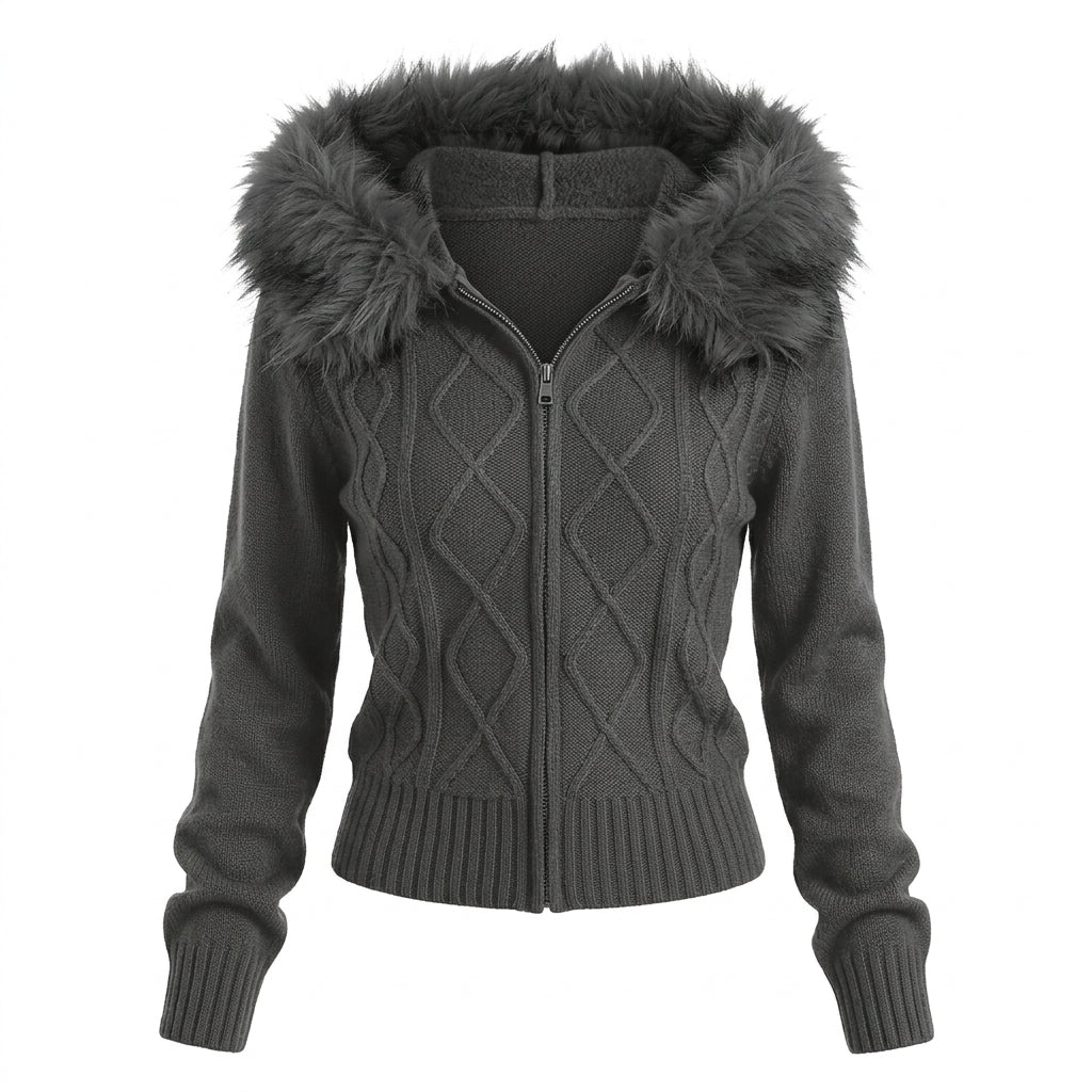 2000s Plush Cable Knit Zip-Up Cardigan – Faux Fur Hood Long Sleeve Sweater in Gray & Apricot