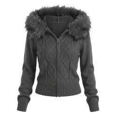2000s Plush Cable Knit Zip-Up Cardigan – Faux Fur Hood Long Sleeve Sweater in Gray & Apricot