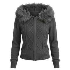 2000s Plush Cable Knit Zip-Up Cardigan – Faux Fur Hood Long Sleeve Sweater in Gray & Apricot