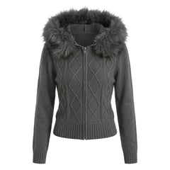 2000s Plush Cable Knit Zip-Up Cardigan – Faux Fur Hood Long Sleeve Sweater in Gray & Apricot