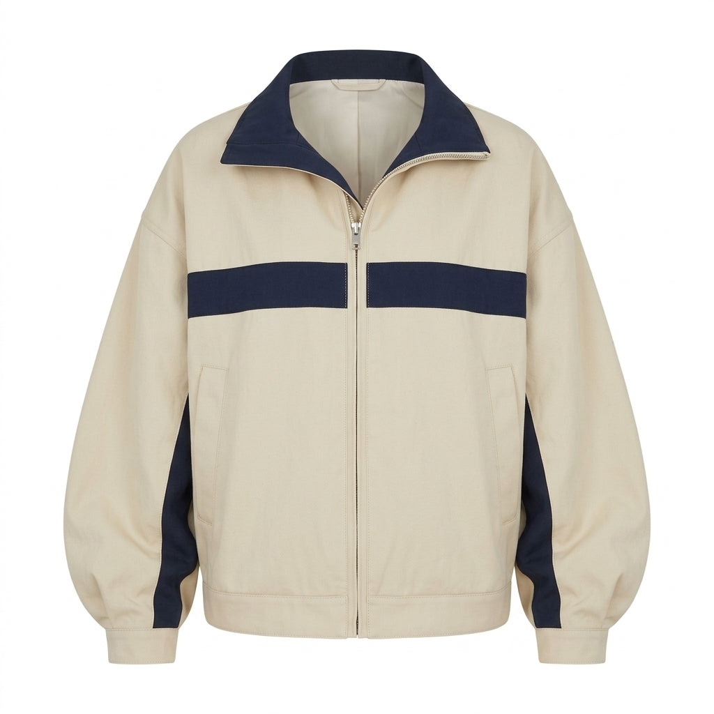 2000s Color Block High-Collar Zip-Up Track Jacket – Loose Fit Short Blouson in Khaki S–L