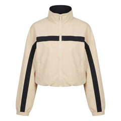 2000s Color Block High-Collar Zip-Up Track Jacket – Loose Fit Short Blouson in Khaki S–L