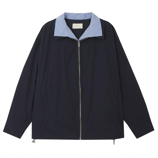 Retro Plaid Lining Loose Long-Sleeve Jacket – Zip-Up Lapel Coat in Red and Royal Blue
