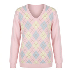 2000s Pink Argyle V-Neck Loose Pullover Sweater – Pastel Diamond Knit Top