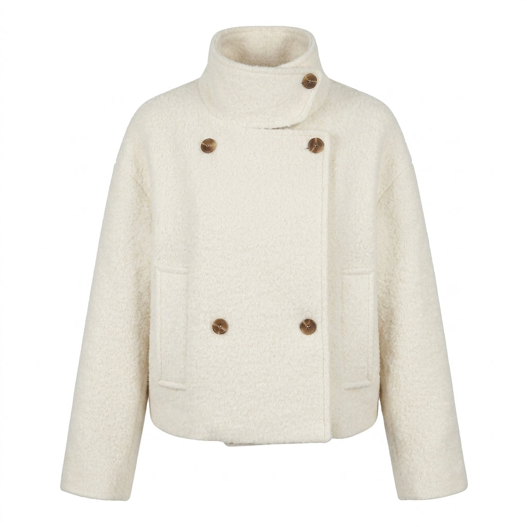 Short Woolen Coat – Double-Breasted Cotton-Lined Tweed Jacket in White and Black