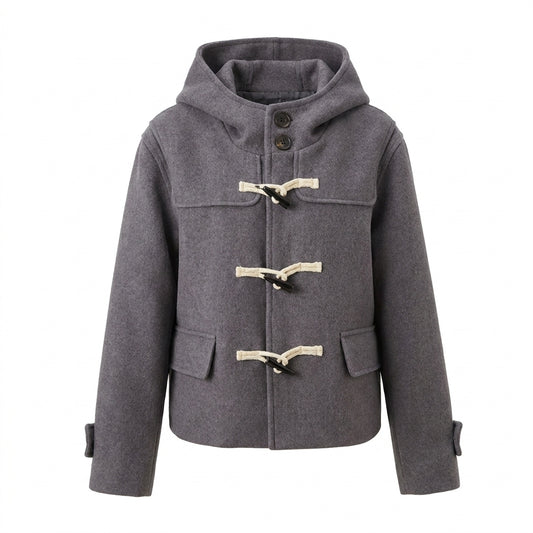 Vintage Duffle Button Hooded Wool Coat – Cropped Chenille Toggle Coat in 3 Colours