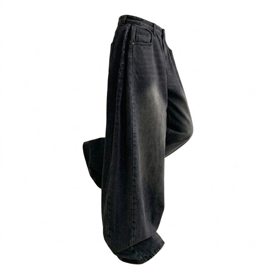 Pleated High-Waist Wide-Leg Jeans – Distressed Wash Splicing Denim Trousers