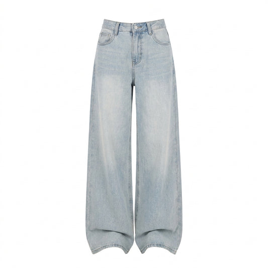 Washed Tie-Flower Jeans – High-Waist 3D Draped Wide-Leg Denim in Sea Salt Blue XS–XL