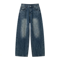 Side-Pleated Wide-Leg Denim Pants – Mid-Waist Distressed Wash Straight Jeans