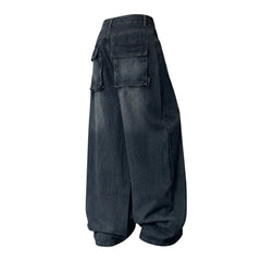 Blue Straight Wide-Leg Jeans – Vintage Wash Patch Pocket Denim S–3XL