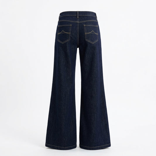 2000s Dark Navy Low-Waist Wide-Leg Flared Jeans – Raw Denim XS–XL Standard