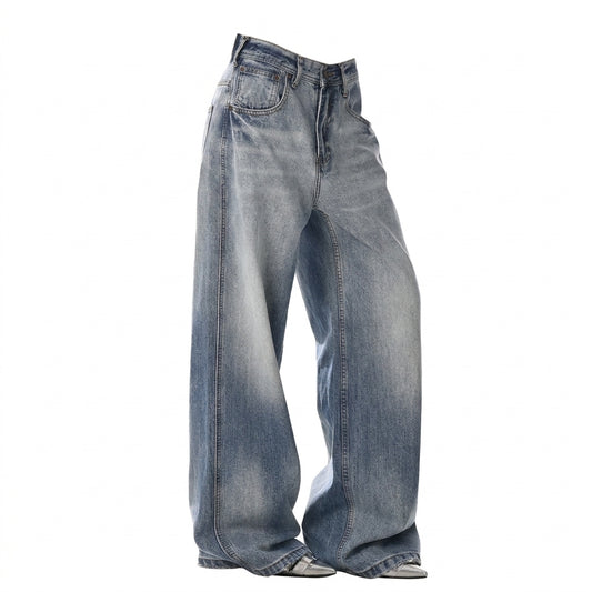 Retro Wide-Leg Cotton Denim Trousers – Loose Straight Mid-Rise Vintage Jeans