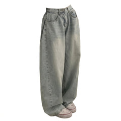 Side-Pleated Wide-Leg Denim Pants – Mid-Waist Distressed Wash Straight Jeans