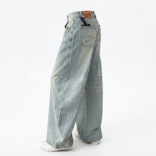 Embroidered High-Waist Wide-Leg Jeans – High-Stretch Retro Hip-Hop Denim