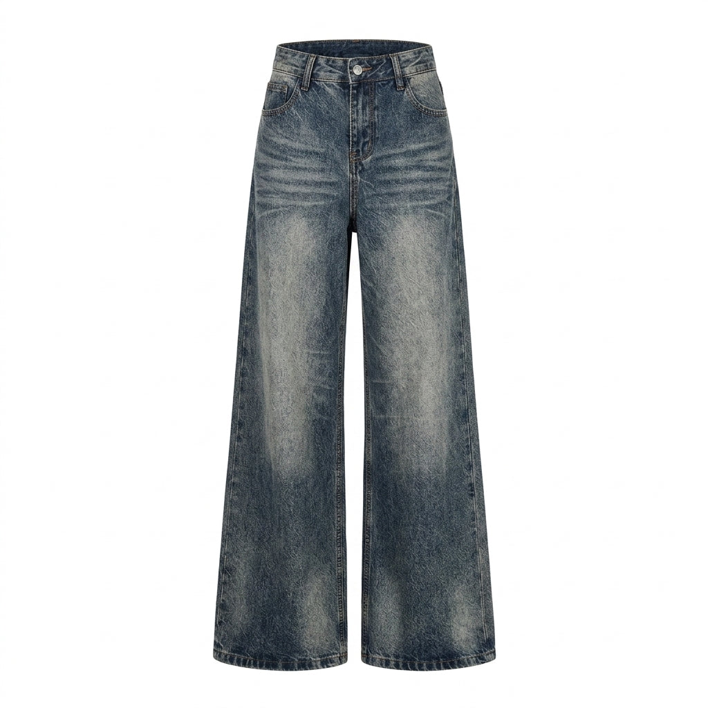 Wide-Leg Jeans – Vintage Wash Cat Whisker Stretch Denim XS–XL