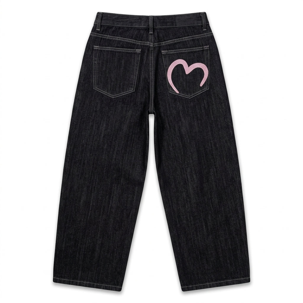 2000s Loose Wide-Leg Flared Jeans – Heart Pocket Black Denim S–L