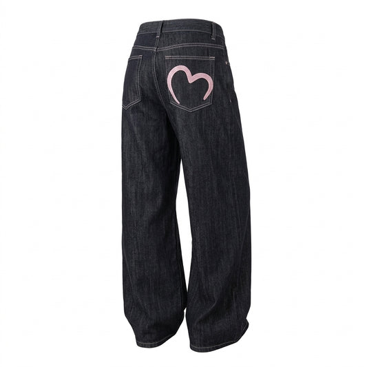 2000s Loose Wide-Leg Flared Jeans – Heart Pocket Black Denim S–L