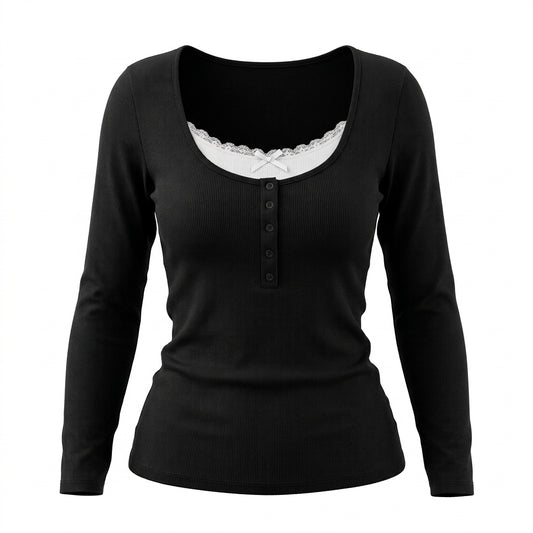 2000s Lace Panel Knit Top – Square Neck Button Detail in 4 Colours S–L