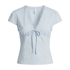 Fairy Lace Trim V-Neck Short Sleeve Tee - fairypeony