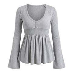 2000s Lace Trim Babydoll Flare Sleeve Smocked Waist Top