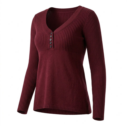 2000s Retro Burgundy Henley Knit Sweater – A-Line Ribbed Sleeve
