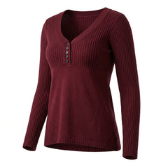 2000s Retro Burgundy Henley Knit Sweater – A-Line Ribbed Sleeve