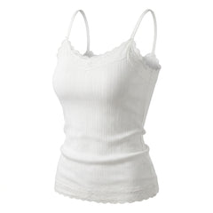 2000s Vintage Lace Trim Camisole Top – Off-Shoulder Sleeveless Slim Fit Tank in White