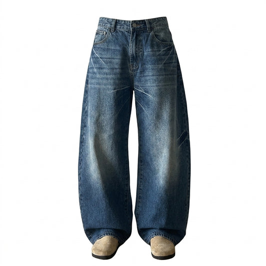 Wide-Leg Jeans – Baggy Floral Crackle Wash Straight-Leg Denim Pants