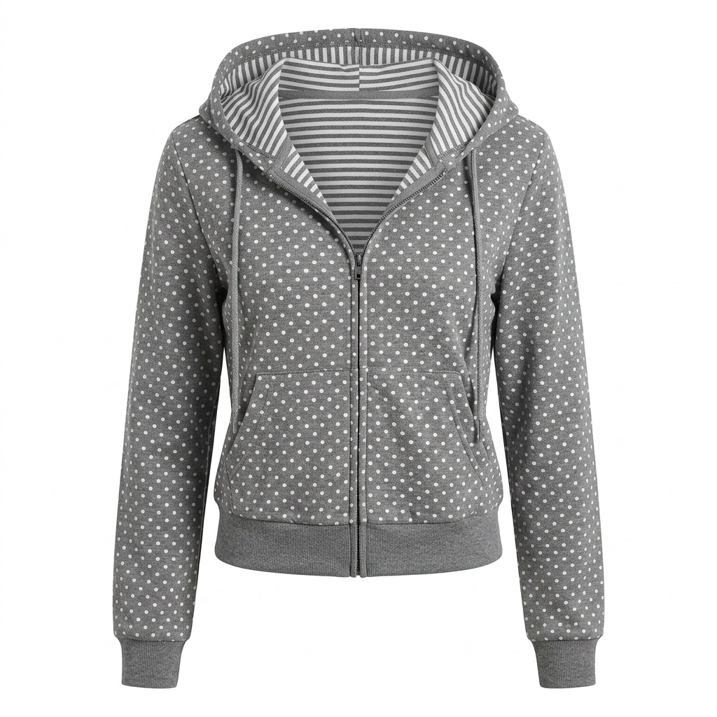 2000s Polka Dot Zip-Up Cropped Hoodie Jacket – Striped Hood Lining S–XL