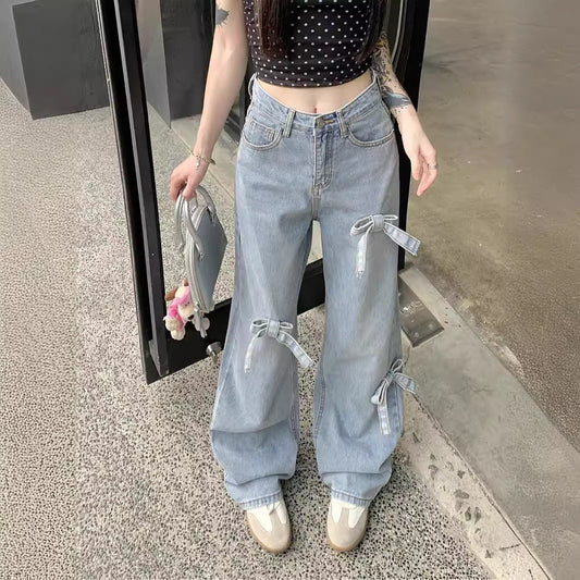 OOTD: Front Tie Long Sleeve Tee + Denim Bow High Waist Wide Leg Jeans