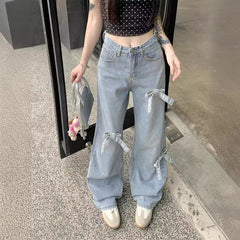 OOTD: Front Tie Long Sleeve Tee + Denim Bow High Waist Wide Leg Jeans