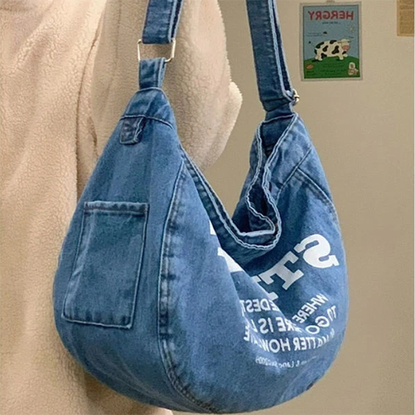 Denim Large Canvas Crossbody Bag - fairypeony