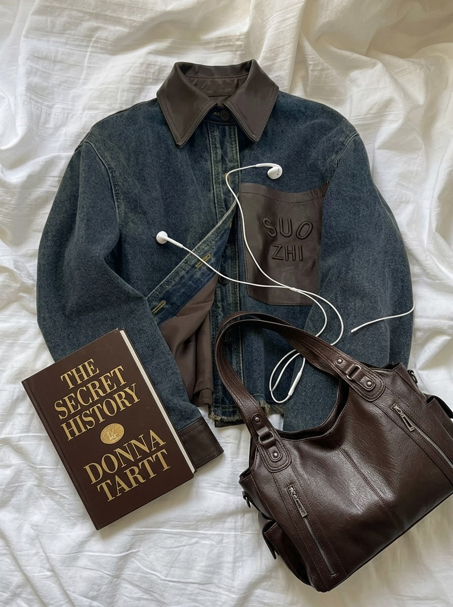 Designer Leather Accent Denim Jacket + Pu Leather Larger Capacity Shoulder Bag