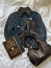 Designer Leather Accent Denim Jacket + Pu Leather Larger Capacity Shoulder Bag