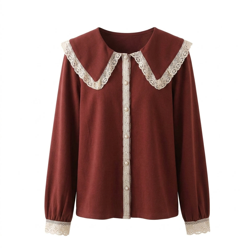Brown blouse with lace details on a white background
