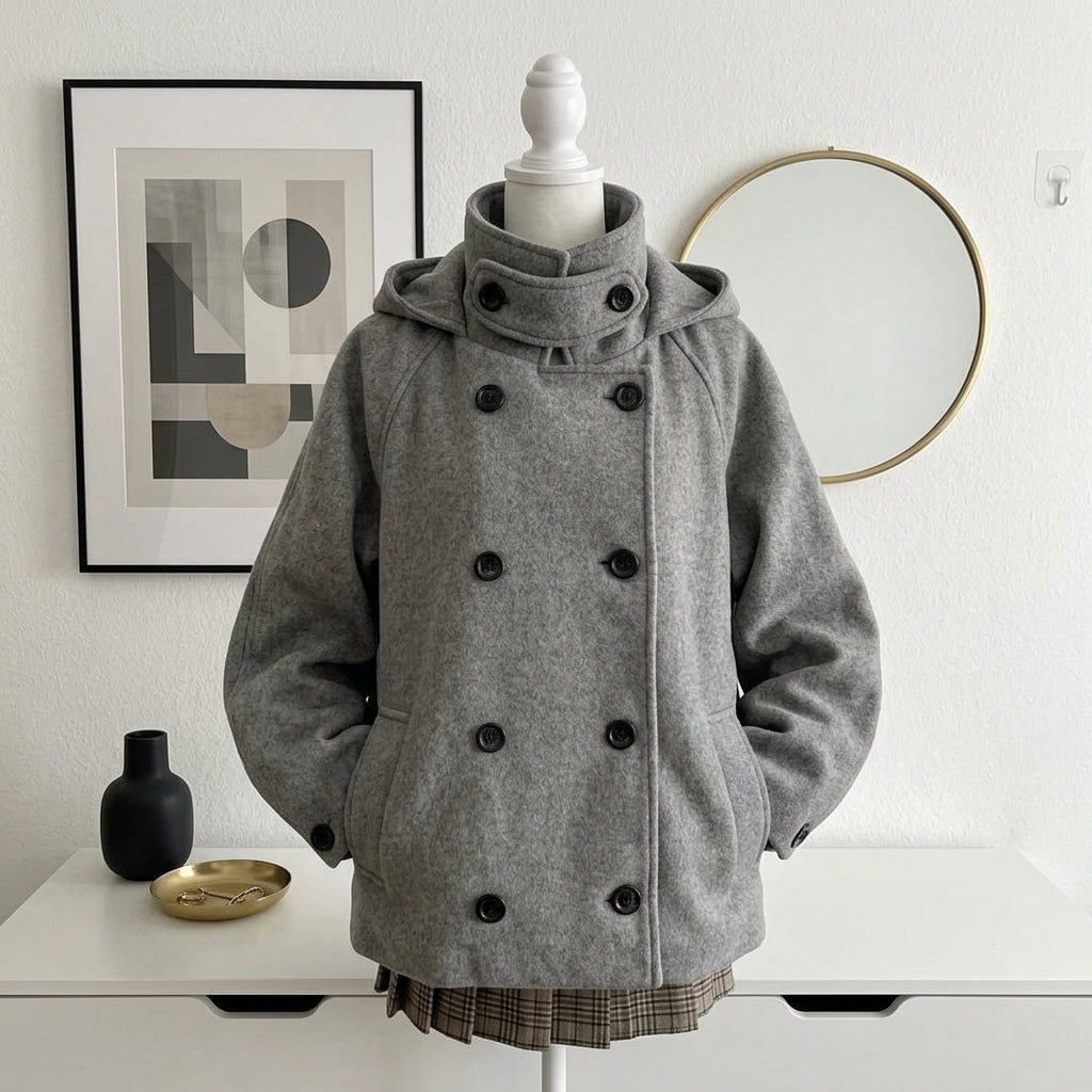A gray hooded double-breasted coat displayed on a white mannequin torso, set against a white wall with framed art, a round mirror, and a white table with small decor objects.
