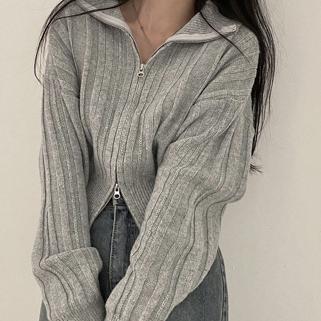 Double Zippered Striped Knit Sweater