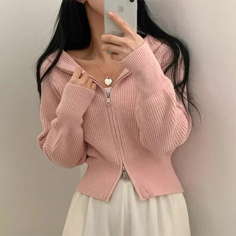 Double-headed Zipper Solid Color Hooded Cardigan