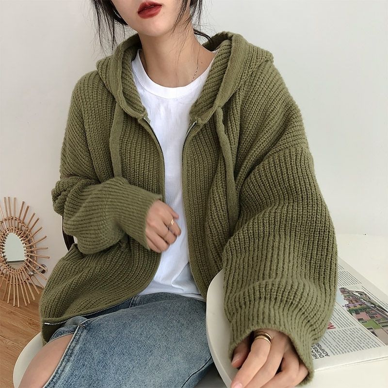 Double Pockets Hooded Knitted Zip Up Cardigan