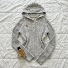 2000s Cable Knit Hooded Pullover – Button Placket Hoodie in Gray One Size