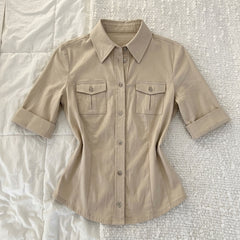2000s Slim Fit Long Sleeve Knit Button-Down Shirt – Fitted Lapel Collar Top
