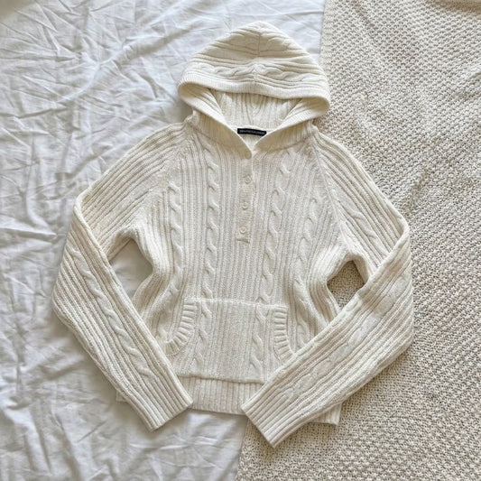 2000s Twisted Stripe Hooded Knit Sweater – Cable Knit Pullover in White One Size