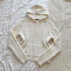 2000s Twisted Stripe Hooded Knit Sweater – Cable Knit Pullover in White One Size
