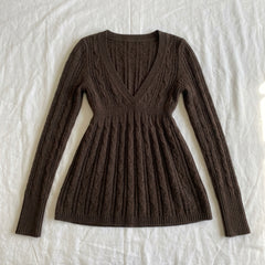 Retro V-Neck Knit Sweater – Twist-Pattern Pullover in Brown Red Grey S–L