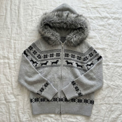 2000s Fair Isle Faux Fur Hood Oversized Knit Zip Cardigan
