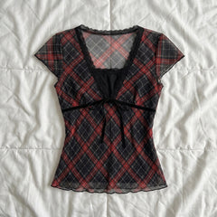 2000s Mesh Lace Trim V-Neck Top – Plaid Faux Two-Piece Smocked Ruffle Tee S–L