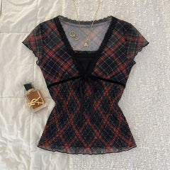2000s Mesh Lace Trim V-Neck Top – Plaid Faux Two-Piece Smocked Ruffle Tee S–L