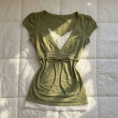 2000s Olive Green Lace V-Neck Top – Drawstring Tie Faux Two-Piece Cap Sleeve S–L