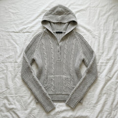 2000s Cable Knit Hooded Pullover – Button Placket Hoodie in Gray One Size